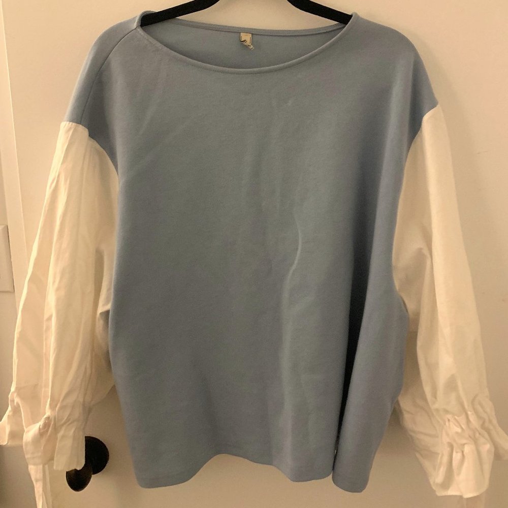 OS Sweater Blouse; Baby Blue & White; Over-sized look